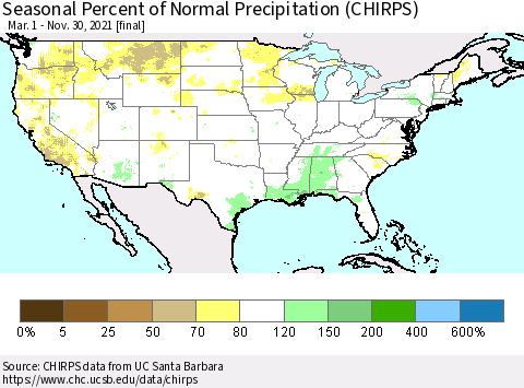 United States Seasonal Percent of Normal Precipitation (CHIRPS) Thematic Map For 3/1/2021 - 11/30/2021