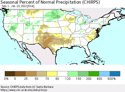 United States Seasonal Percent of Normal Precipitation (CHIRPS) Thematic Map For 9/1/2021 - 1/10/2022