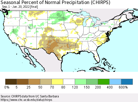 United States Seasonal Percent of Normal Precipitation (CHIRPS) Thematic Map For 9/1/2021 - 1/20/2022