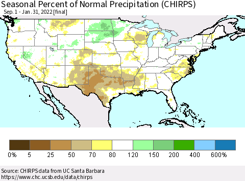 United States Seasonal Percent of Normal Precipitation (CHIRPS) Thematic Map For 9/1/2021 - 1/31/2022