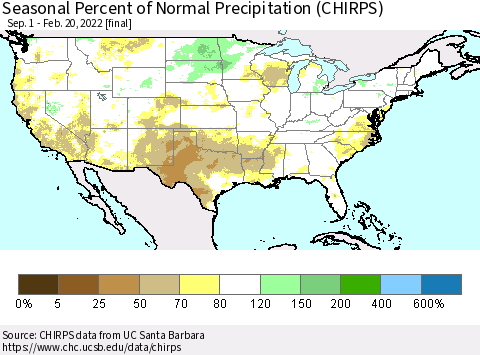 United States Seasonal Percent of Normal Precipitation (CHIRPS) Thematic Map For 9/1/2021 - 2/20/2022