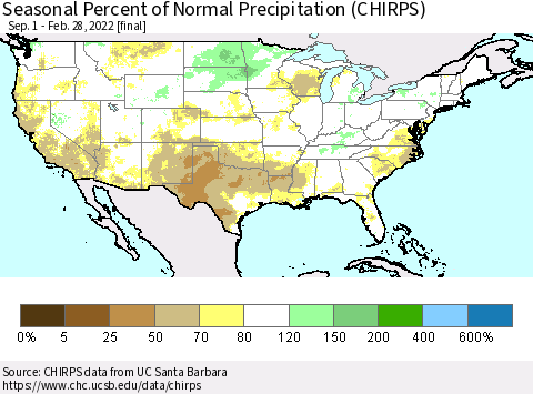 United States Seasonal Percent of Normal Precipitation (CHIRPS) Thematic Map For 9/1/2021 - 2/28/2022