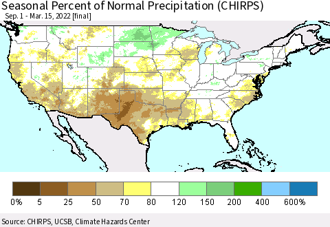 United States Seasonal Percent of Normal Precipitation (CHIRPS) Thematic Map For 9/1/2021 - 3/15/2022