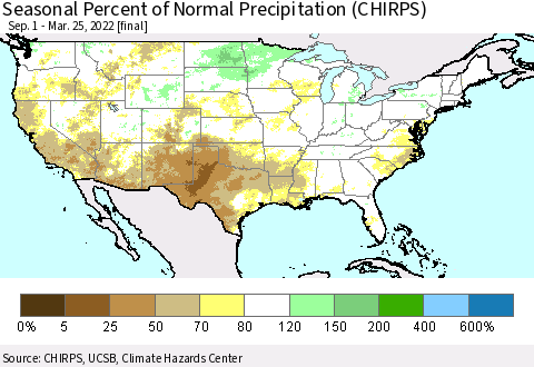 United States Seasonal Percent of Normal Precipitation (CHIRPS) Thematic Map For 9/1/2021 - 3/25/2022