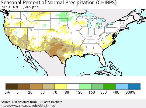 United States Seasonal Percent of Normal Precipitation (CHIRPS) Thematic Map For 9/1/2021 - 3/31/2022