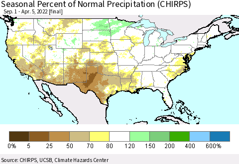 United States Seasonal Percent of Normal Precipitation (CHIRPS) Thematic Map For 9/1/2021 - 4/5/2022