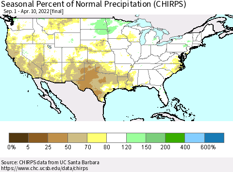 United States Seasonal Percent of Normal Precipitation (CHIRPS) Thematic Map For 9/1/2021 - 4/10/2022