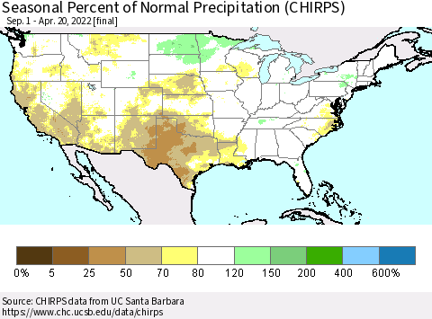 United States Seasonal Percent of Normal Precipitation (CHIRPS) Thematic Map For 9/1/2021 - 4/20/2022