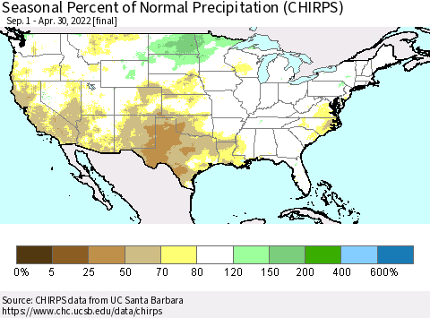 United States Seasonal Percent of Normal Precipitation (CHIRPS) Thematic Map For 9/1/2021 - 4/30/2022