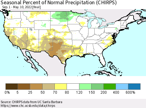 United States Seasonal Percent of Normal Precipitation (CHIRPS) Thematic Map For 9/1/2021 - 5/10/2022