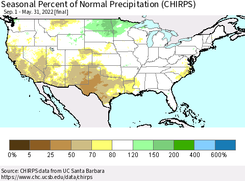 United States Seasonal Percent of Normal Precipitation (CHIRPS) Thematic Map For 9/1/2021 - 5/31/2022