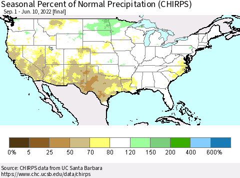 United States Seasonal Percent of Normal Precipitation (CHIRPS) Thematic Map For 9/1/2021 - 6/10/2022