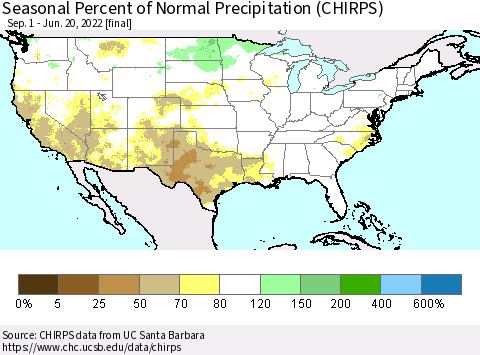 United States Seasonal Percent of Normal Precipitation (CHIRPS) Thematic Map For 9/1/2021 - 6/20/2022