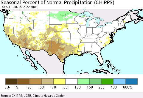 United States Seasonal Percent of Normal Precipitation (CHIRPS) Thematic Map For 9/1/2021 - 7/15/2022