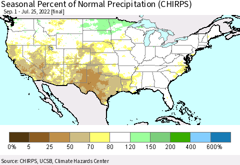 United States Seasonal Percent of Normal Precipitation (CHIRPS) Thematic Map For 9/1/2021 - 7/25/2022