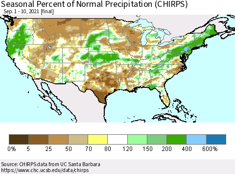 United States Seasonal Percent of Normal Precipitation (CHIRPS) Thematic Map For 9/1/2021 - 9/10/2021
