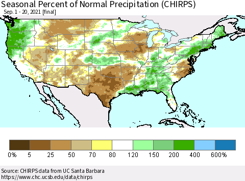 United States Seasonal Percent of Normal Precipitation (CHIRPS) Thematic Map For 9/1/2021 - 9/20/2021