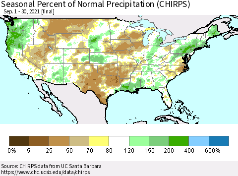 United States Seasonal Percent of Normal Precipitation (CHIRPS) Thematic Map For 9/1/2021 - 9/30/2021