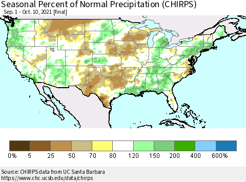 United States Seasonal Percent of Normal Precipitation (CHIRPS) Thematic Map For 9/1/2021 - 10/10/2021