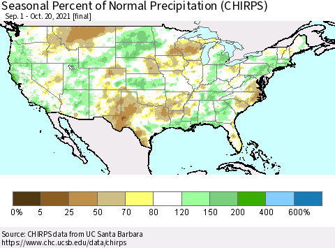 United States Seasonal Percent of Normal Precipitation (CHIRPS) Thematic Map For 9/1/2021 - 10/20/2021