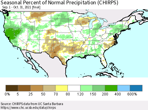 United States Seasonal Percent of Normal Precipitation (CHIRPS) Thematic Map For 9/1/2021 - 10/31/2021
