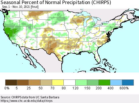 United States Seasonal Percent of Normal Precipitation (CHIRPS) Thematic Map For 9/1/2021 - 11/10/2021