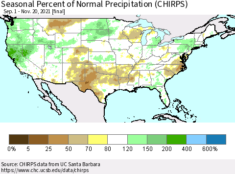 United States Seasonal Percent of Normal Precipitation (CHIRPS) Thematic Map For 9/1/2021 - 11/20/2021