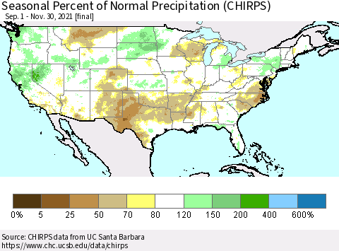 United States Seasonal Percent of Normal Precipitation (CHIRPS) Thematic Map For 9/1/2021 - 11/30/2021