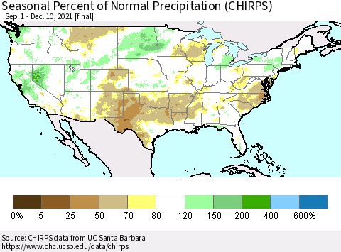 United States Seasonal Percent of Normal Precipitation (CHIRPS) Thematic Map For 9/1/2021 - 12/10/2021