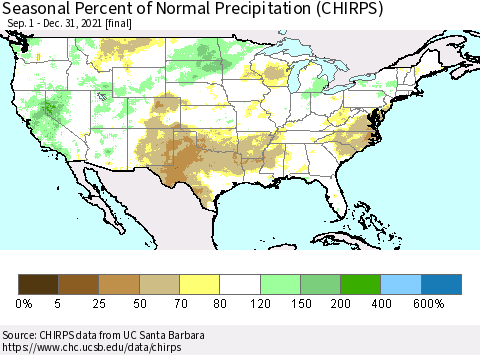 United States Seasonal Percent of Normal Precipitation (CHIRPS) Thematic Map For 9/1/2021 - 12/31/2021