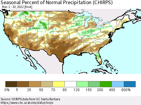United States Seasonal Percent of Normal Precipitation (CHIRPS) Thematic Map For 3/1/2022 - 3/10/2022