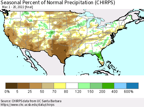 United States Seasonal Percent of Normal Precipitation (CHIRPS) Thematic Map For 3/1/2022 - 3/20/2022