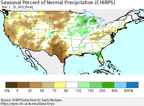 United States Seasonal Percent of Normal Precipitation (CHIRPS) Thematic Map For 3/1/2022 - 3/31/2022