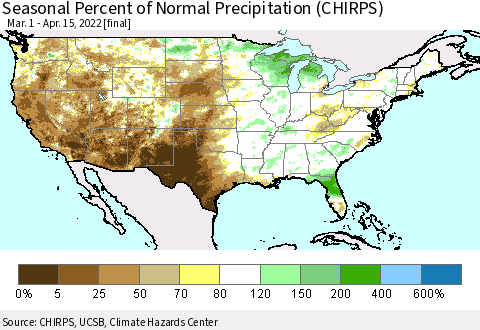 United States Seasonal Percent of Normal Precipitation (CHIRPS) Thematic Map For 3/1/2022 - 4/15/2022