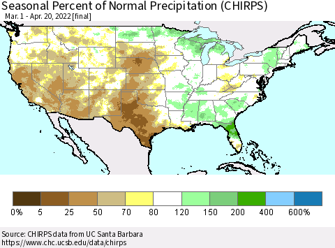United States Seasonal Percent of Normal Precipitation (CHIRPS) Thematic Map For 3/1/2022 - 4/20/2022
