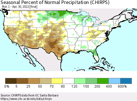 United States Seasonal Percent of Normal Precipitation (CHIRPS) Thematic Map For 3/1/2022 - 4/30/2022