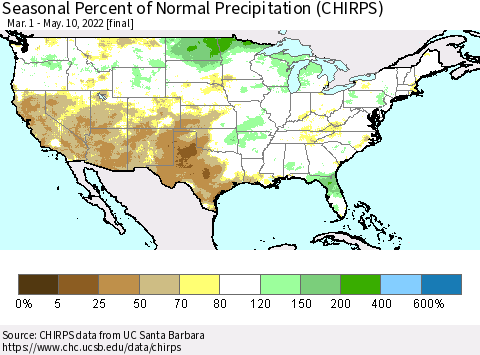United States Seasonal Percent of Normal Precipitation (CHIRPS) Thematic Map For 3/1/2022 - 5/10/2022