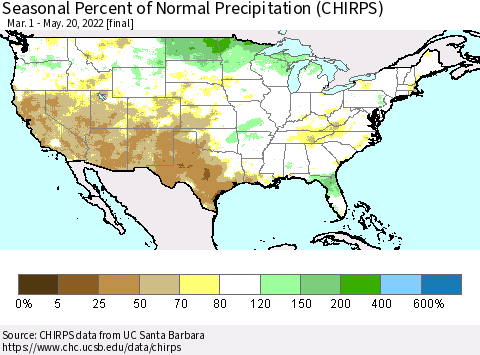 United States Seasonal Percent of Normal Precipitation (CHIRPS) Thematic Map For 3/1/2022 - 5/20/2022