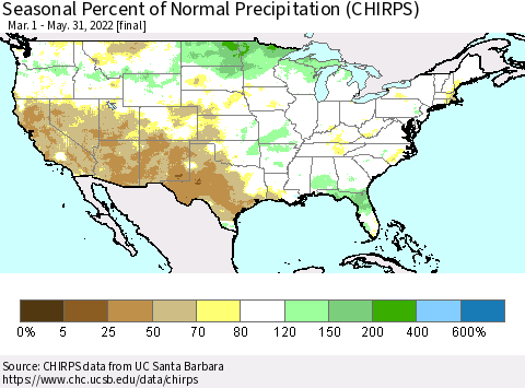 United States Seasonal Percent of Normal Precipitation (CHIRPS) Thematic Map For 3/1/2022 - 5/31/2022