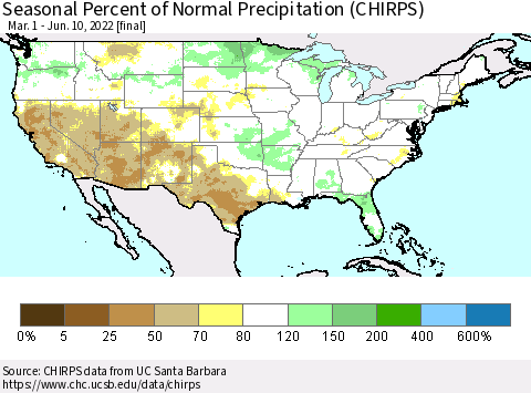 United States Seasonal Percent of Normal Precipitation (CHIRPS) Thematic Map For 3/1/2022 - 6/10/2022