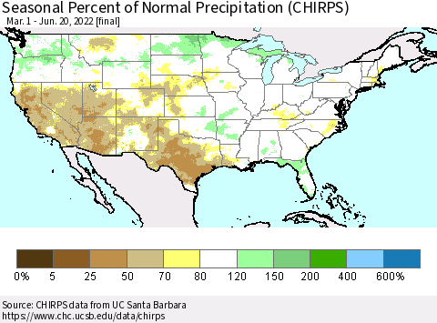 United States Seasonal Percent of Normal Precipitation (CHIRPS) Thematic Map For 3/1/2022 - 6/20/2022