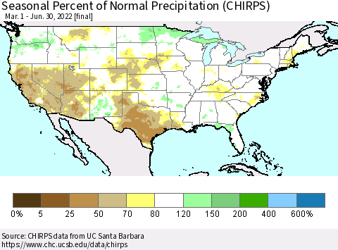 United States Seasonal Percent of Normal Precipitation (CHIRPS) Thematic Map For 3/1/2022 - 6/30/2022