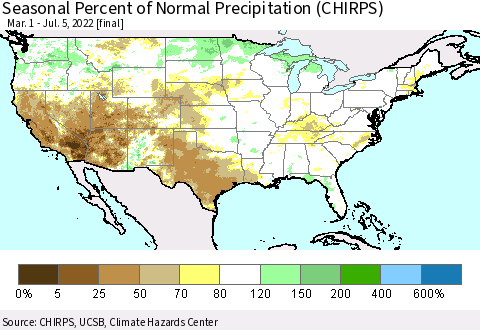 United States Seasonal Percent of Normal Precipitation (CHIRPS) Thematic Map For 3/1/2022 - 7/5/2022