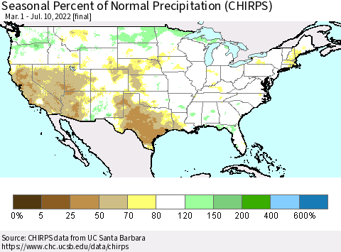 United States Seasonal Percent of Normal Precipitation (CHIRPS) Thematic Map For 3/1/2022 - 7/10/2022