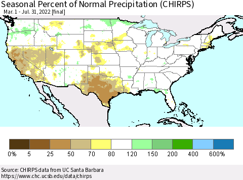 United States Seasonal Percent of Normal Precipitation (CHIRPS) Thematic Map For 3/1/2022 - 7/31/2022