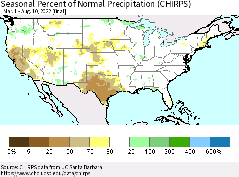 United States Seasonal Percent of Normal Precipitation (CHIRPS) Thematic Map For 3/1/2022 - 8/10/2022