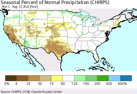 United States Seasonal Percent of Normal Precipitation (CHIRPS) Thematic Map For 3/1/2022 - 8/15/2022