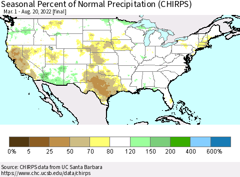 United States Seasonal Percent of Normal Precipitation (CHIRPS) Thematic Map For 3/1/2022 - 8/20/2022