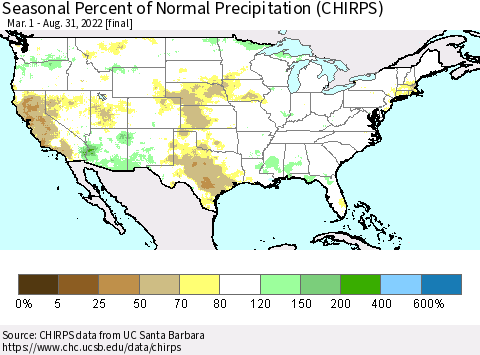 United States Seasonal Percent of Normal Precipitation (CHIRPS) Thematic Map For 3/1/2022 - 8/31/2022