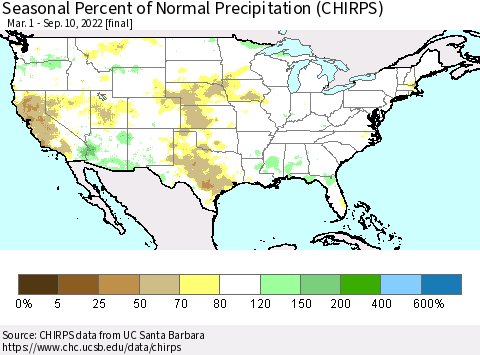 United States Seasonal Percent of Normal Precipitation (CHIRPS) Thematic Map For 3/1/2022 - 9/10/2022